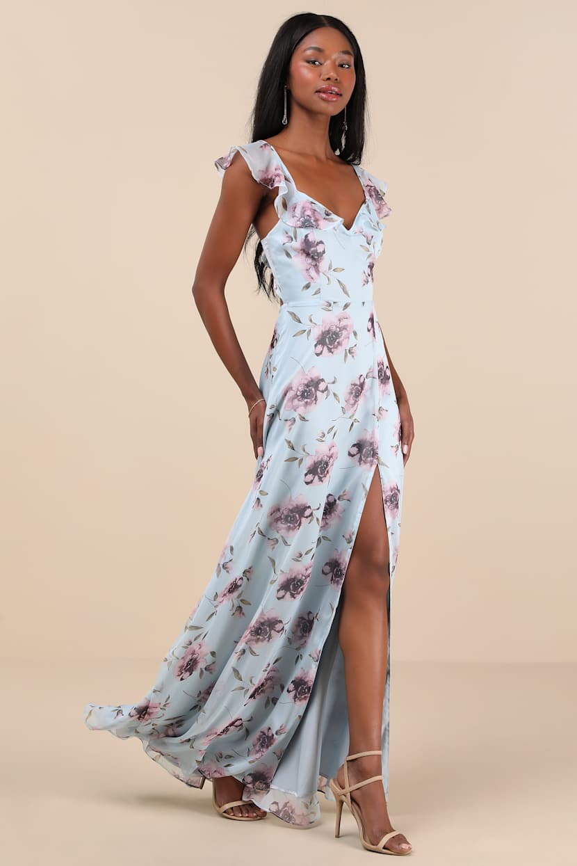 Sweetest Entrance Light Blue Floral Ruffled Tie-Back Maxi Dress