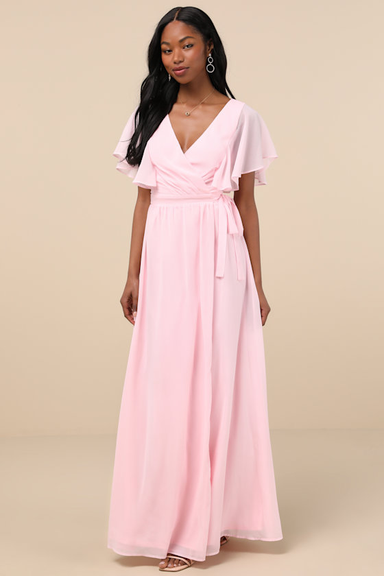 LULUS CONVINCING GRACE LIGHT BLUSH FLUTTER SLEEVE WRAP MAXI DRESS