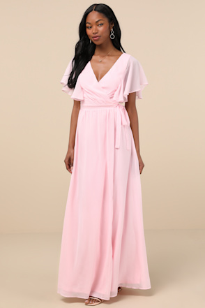 emerald green sparkly bridesmaid dress Flutter Sleeve V Neck Plunge Crepe Bridesmaid Dress - Blush