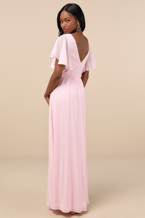 LULUS CONVINCING GRACE LIGHT BLUSH FLUTTER SLEEVE WRAP MAXI DRESS