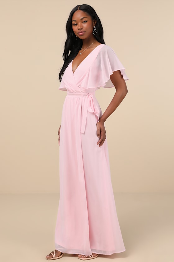 LULUS CONVINCING GRACE LIGHT BLUSH FLUTTER SLEEVE WRAP MAXI DRESS