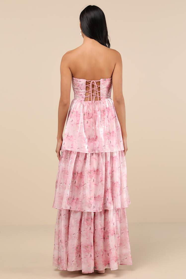 Kamella Light Pink Floral Pleated Strapless Tiered Maxi Dress