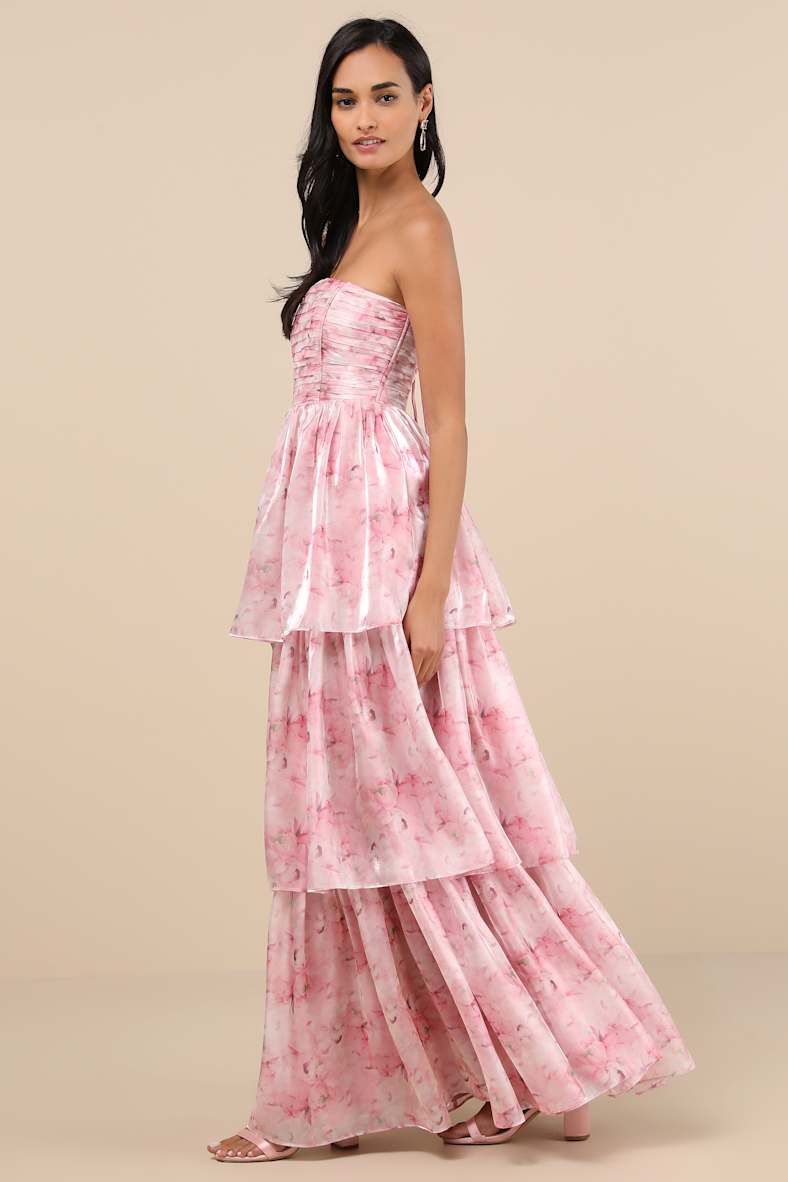Kamella Light Pink Floral Pleated Strapless Tiered Maxi Dress