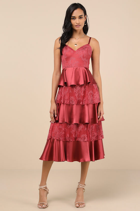 Deanna Rusty Rose Lace Satin Tiered Midi Dress