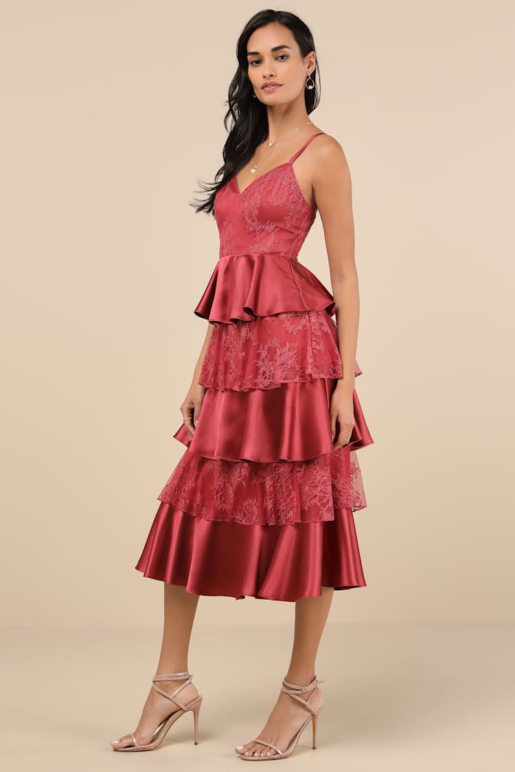 Deanna Rusty Rose Lace Satin Tiered Midi Dress