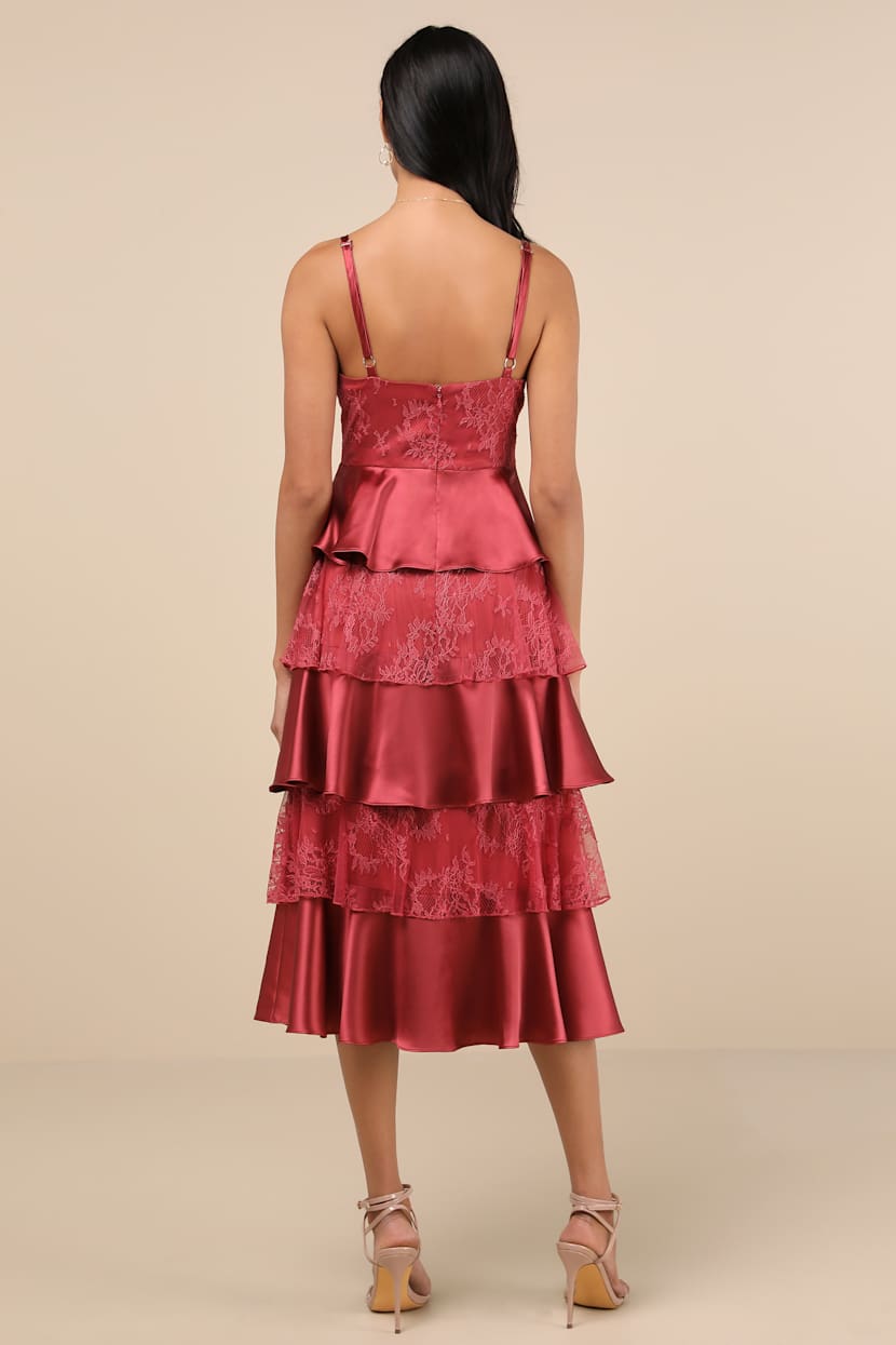 Deanna Rusty Rose Lace Satin Tiered Midi Dress