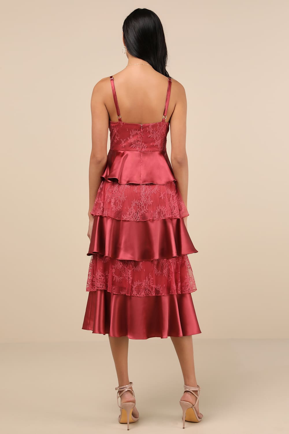 Deanna Rusty Rose Lace Satin Tiered Midi Dress