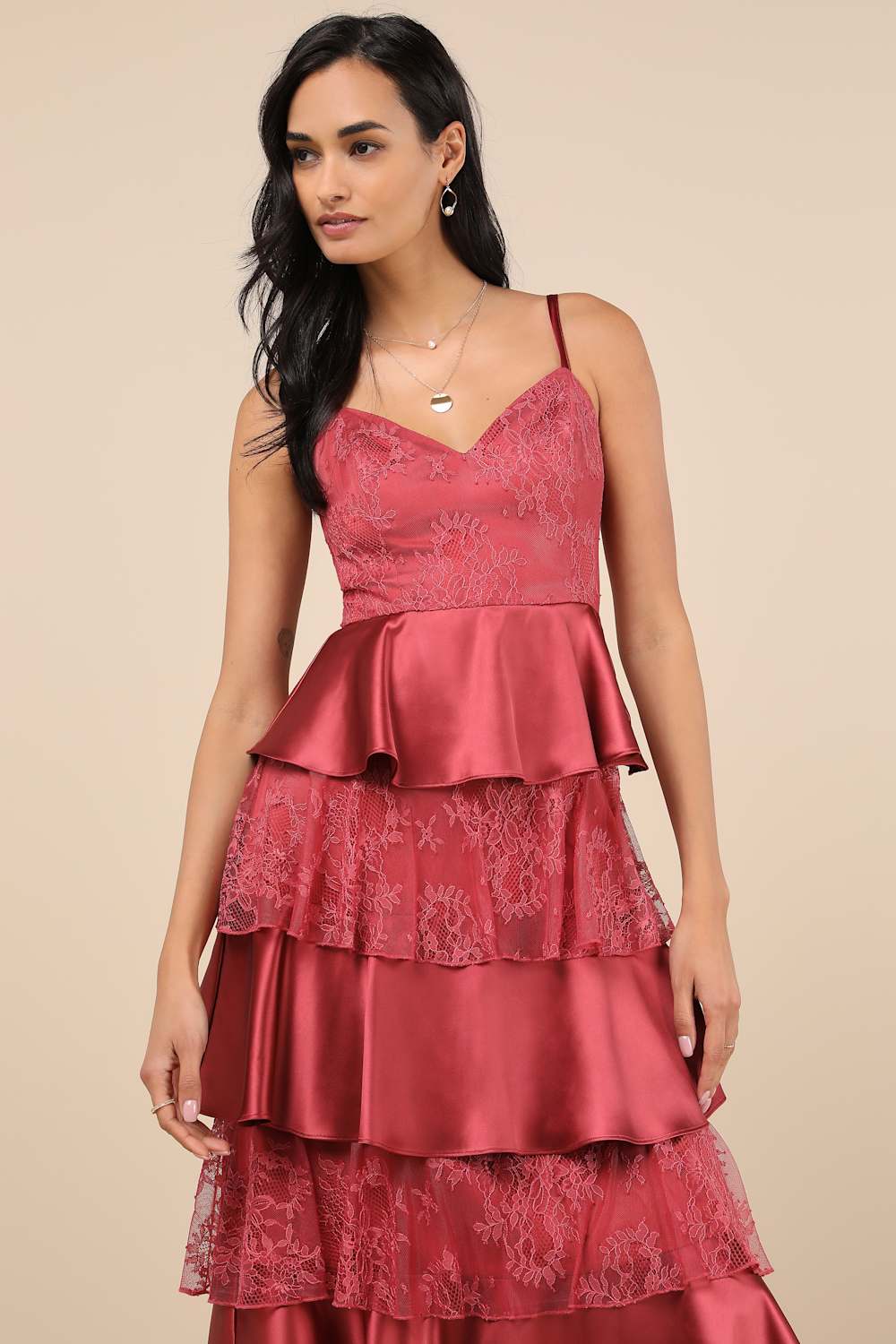 Deanna Rusty Rose Lace Satin Tiered Midi Dress