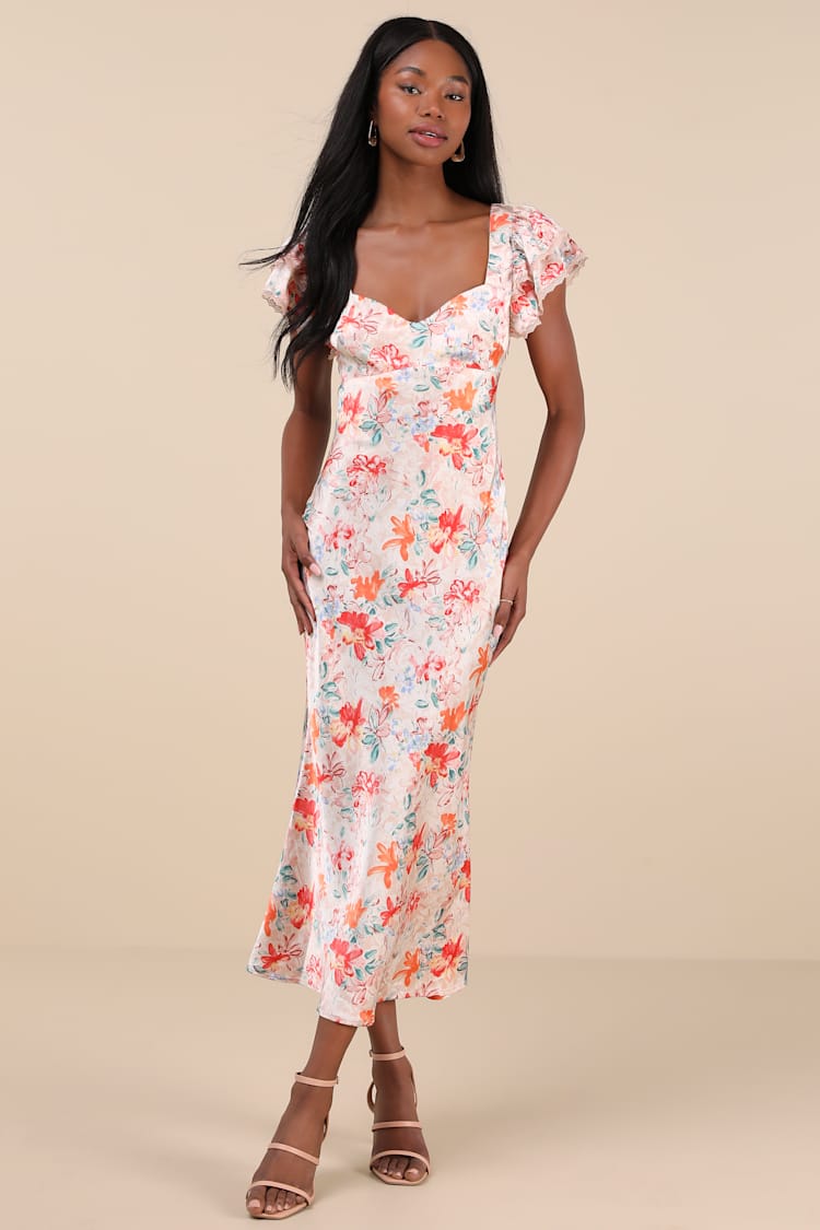 Cream Floral Midi Dress - Flutter Sleeve Dress - Floral Slip Midi - Lulus Cream Floral Midi Dress - Flutter Sleeve Dress - Floral Slip Midi - Lulus