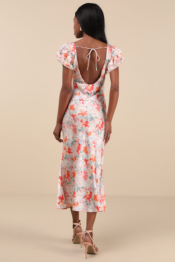 Lulus Ryland Cream Multi Floral Satin Flutter Sleeve Midi Dress In Cream Multi
