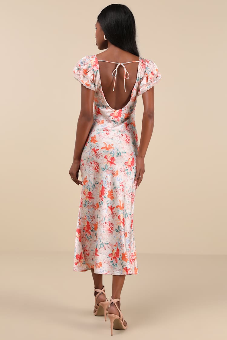 Ryland Cream Multi Floral Satin Flutter Sleeve Midi Dress