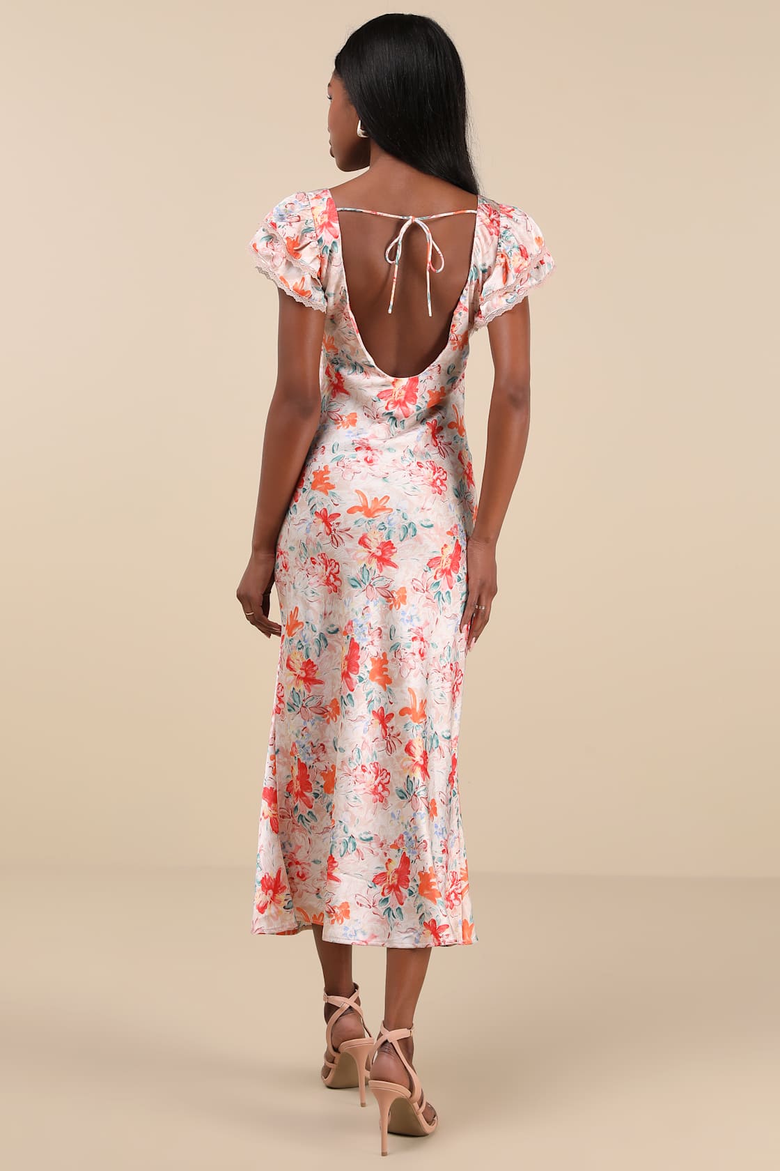 Ryland Cream Multi Floral Satin Flutter Sleeve Midi Dress