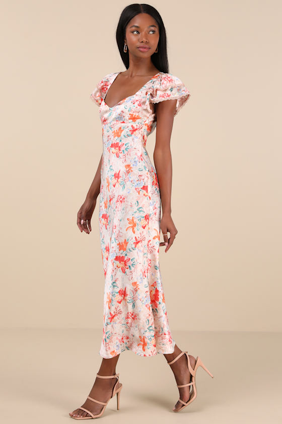Lulus Ryland Cream Multi Floral Satin Flutter Sleeve Midi Dress In Cream Multi