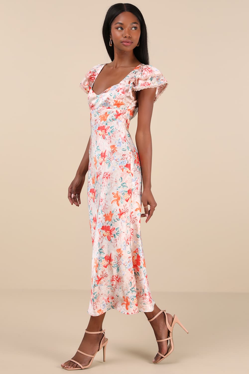 Ryland Cream Multi Floral Satin Flutter Sleeve Midi Dress