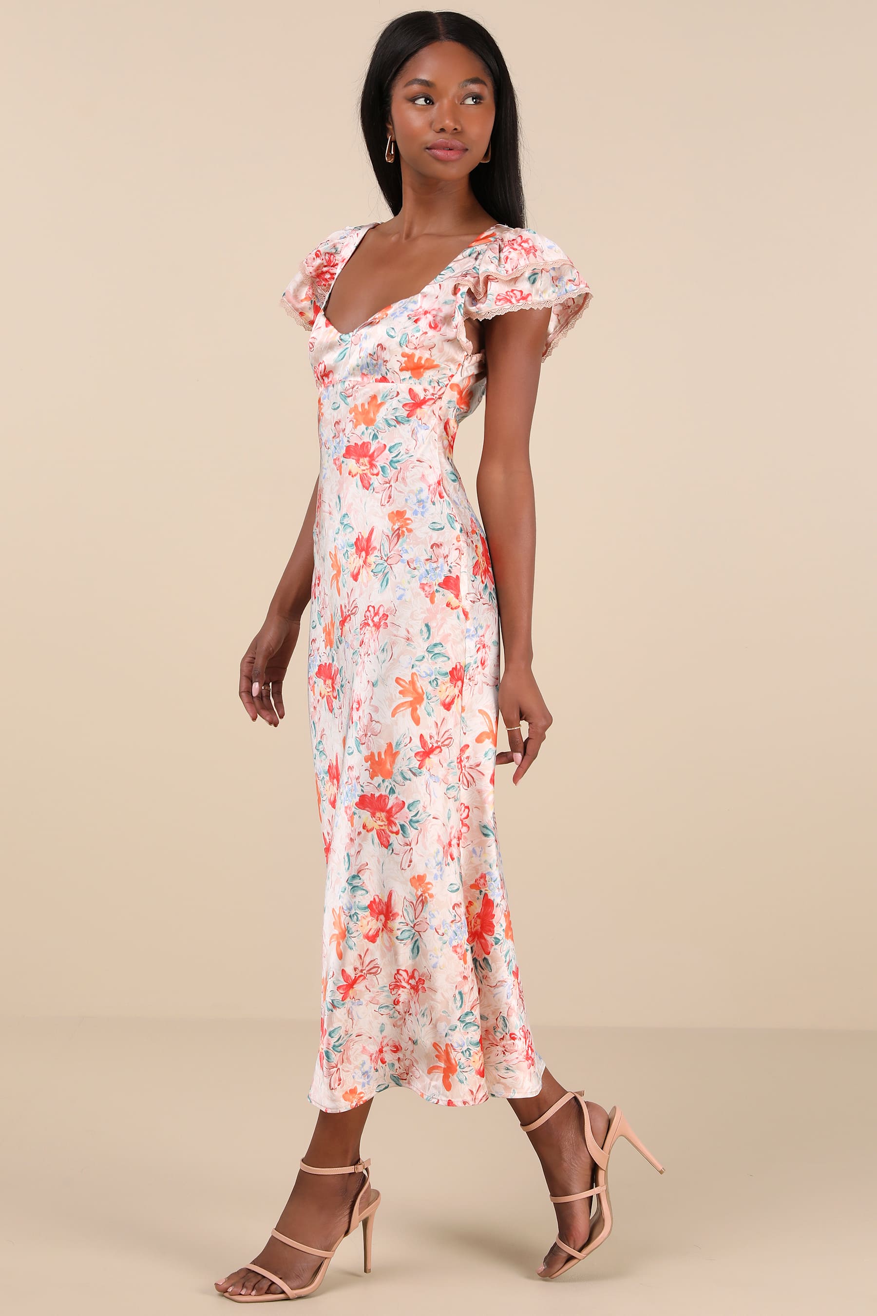 Flirty Ways Cream Floral Print Flutter Sleeve Romper