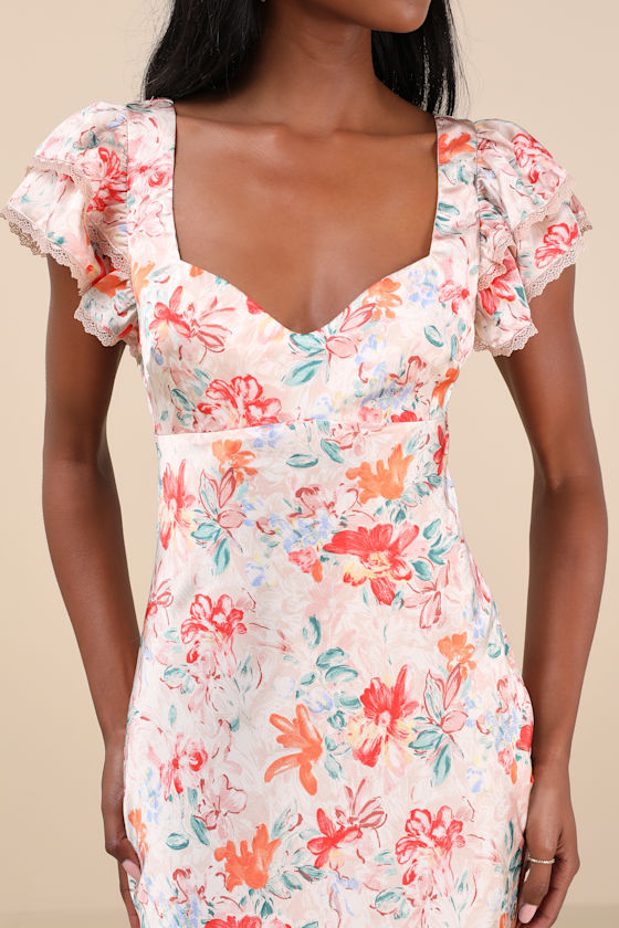 Lulus Ryland Cream Multi Floral Satin Flutter Sleeve Midi Dress In Cream Multi