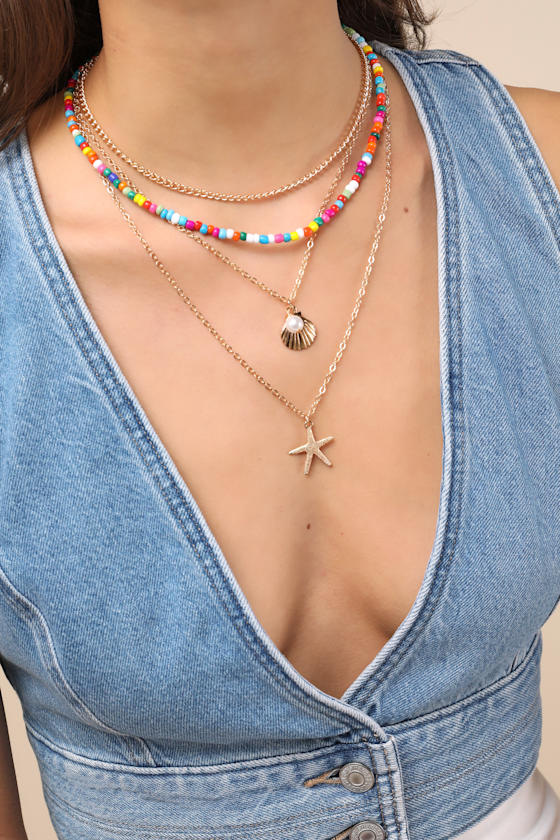 Lulus Kova Gold Rainbow Layered Beaded Charm Necklace In Gold