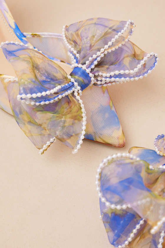 SB-Kelli Blue Tulip Floral Bow Pointed-Toe Pumps 4