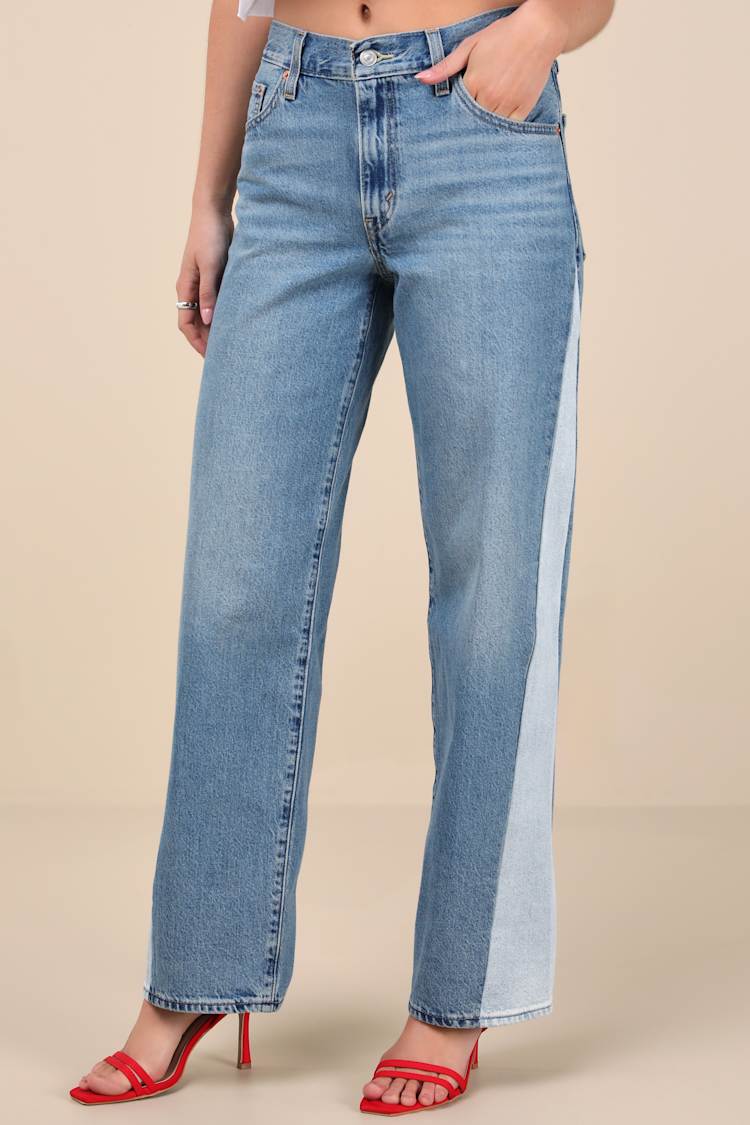 Baggy Dad Pieced Medium Wash Wide-Leg Jeans