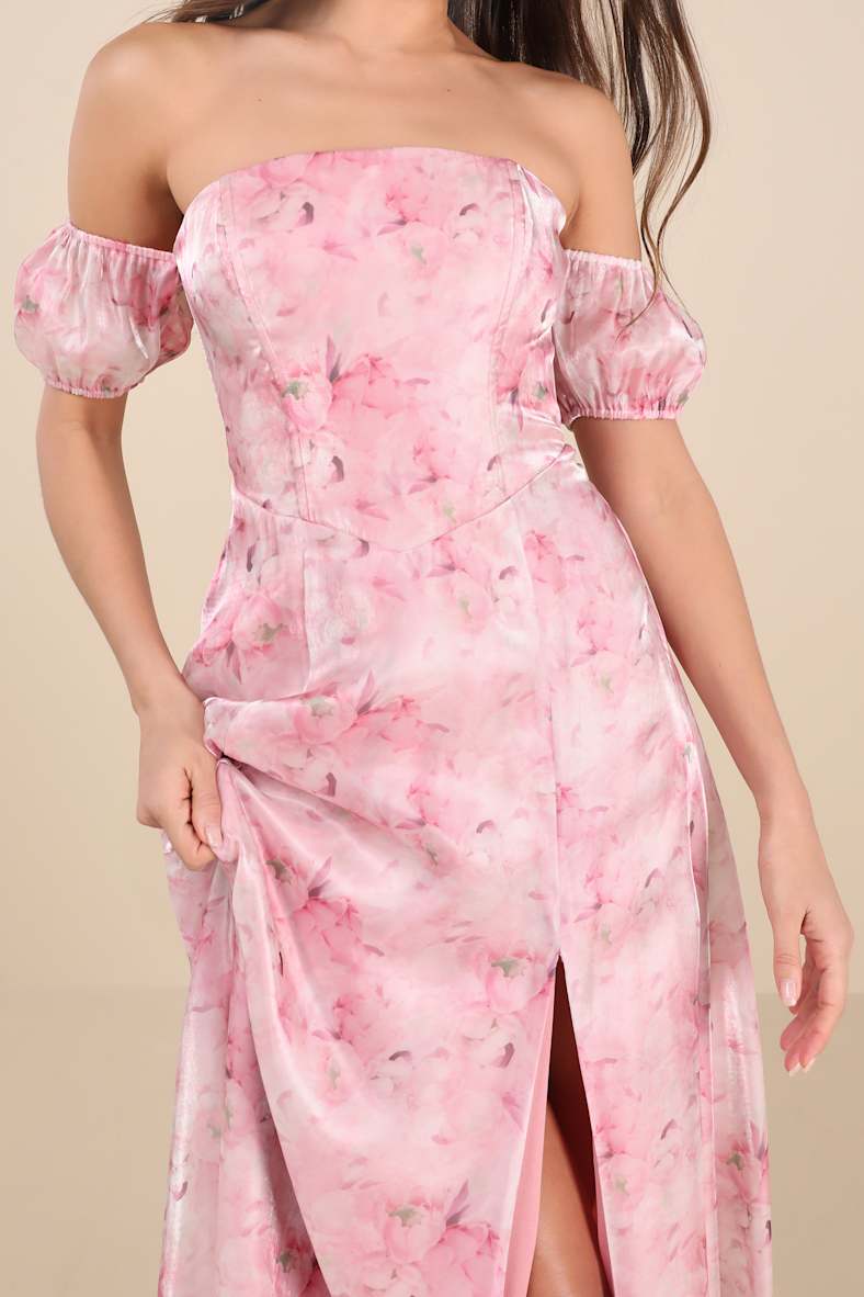 Idyllic Charisma Light Pink Floral Off-the-Shoulder Maxi Dress