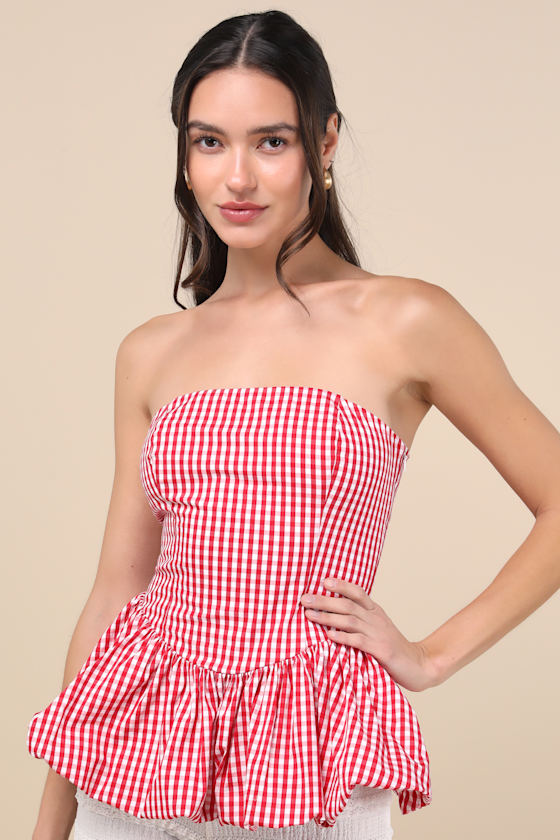 Extro & Vert Damaria Red Gingham Strapless Peplum Top In Red