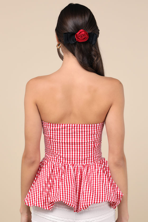 Extro & Vert Damaria Red Gingham Strapless Peplum Top In Red