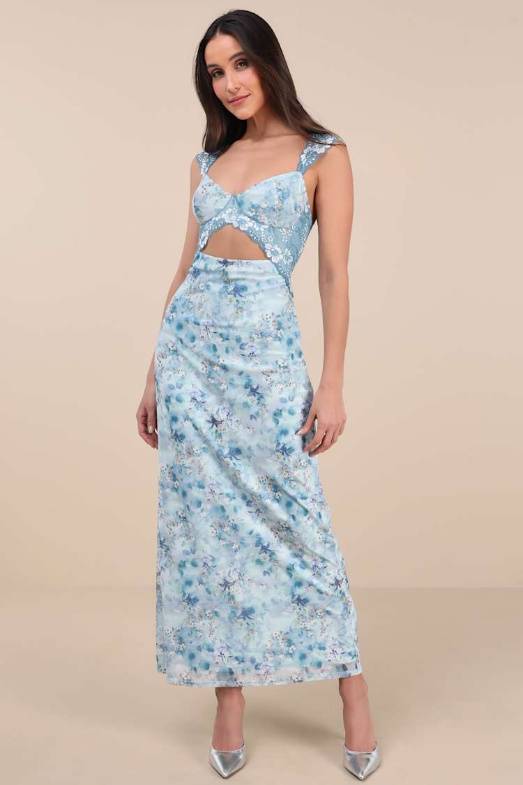 Endlessly Cute Blue Floral Mesh Cutout Lace Bustier Maxi Dress