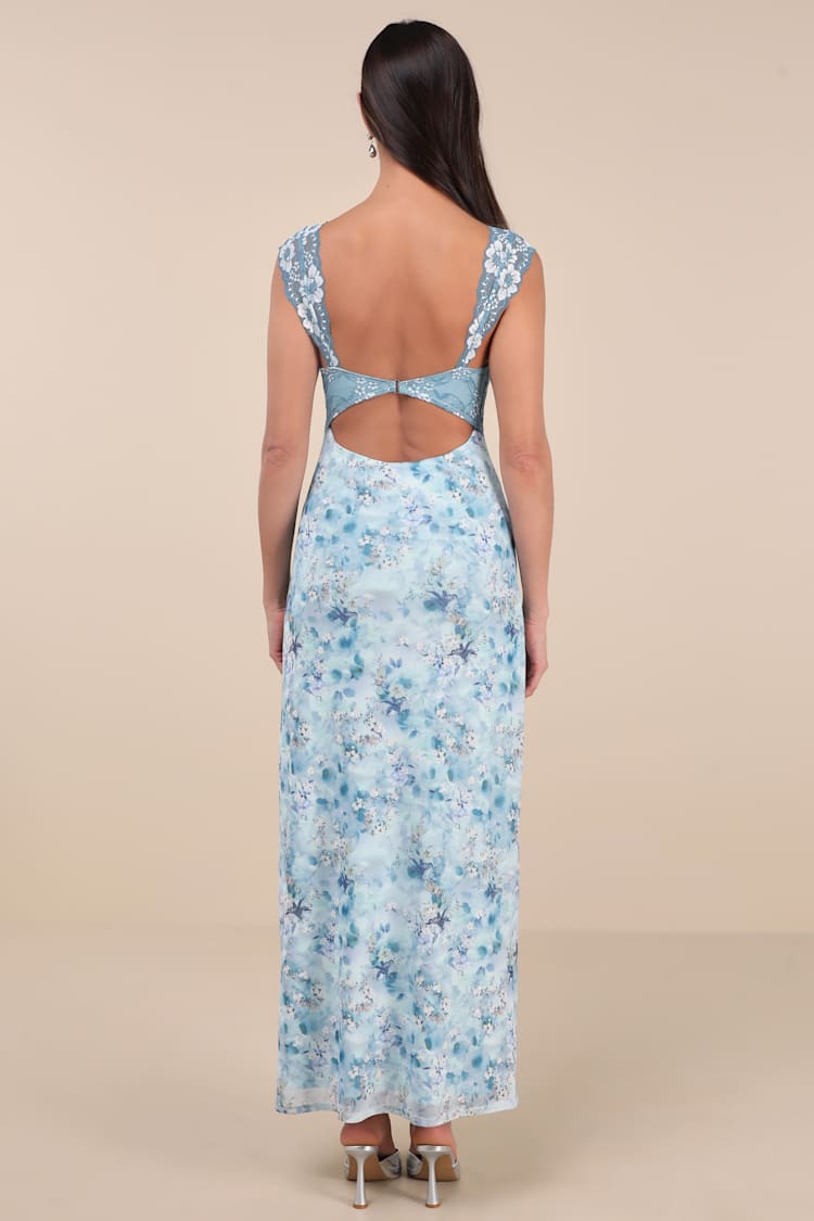 Endlessly Cute Blue Floral Mesh Cutout Lace Bustier Maxi Dress