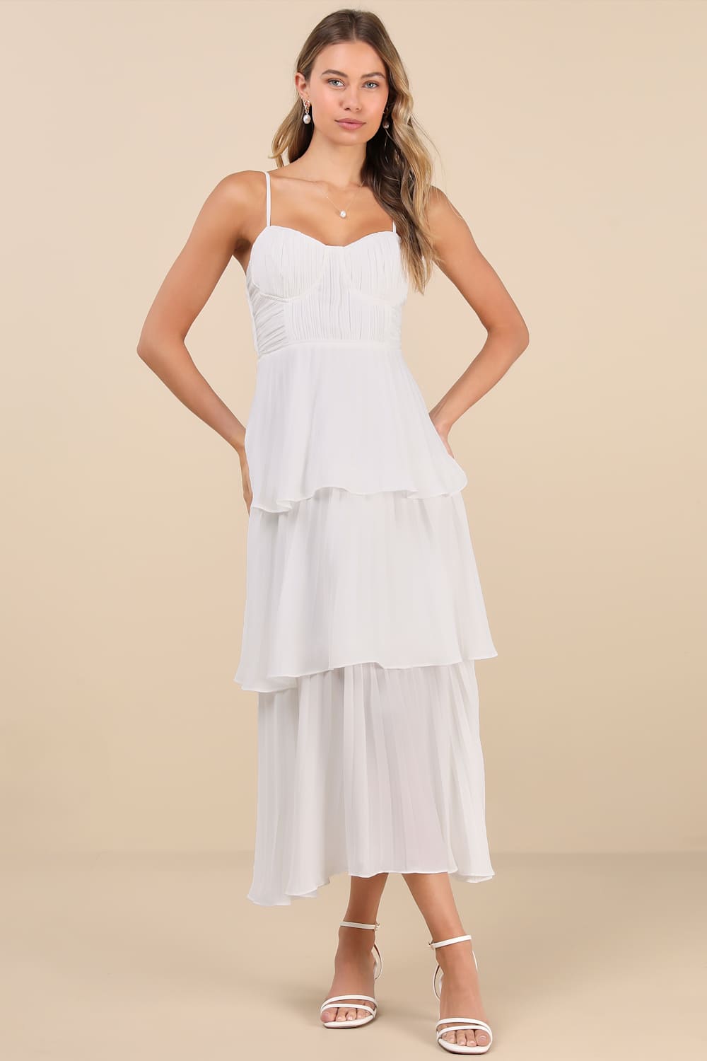 Cascading Crush White Tiered Bustier Midi Dress