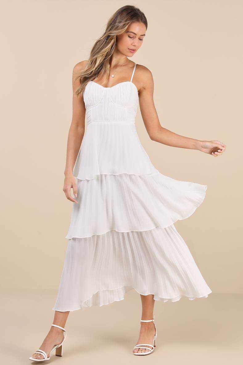 Cascading Crush White Tiered Bustier Midi Dress