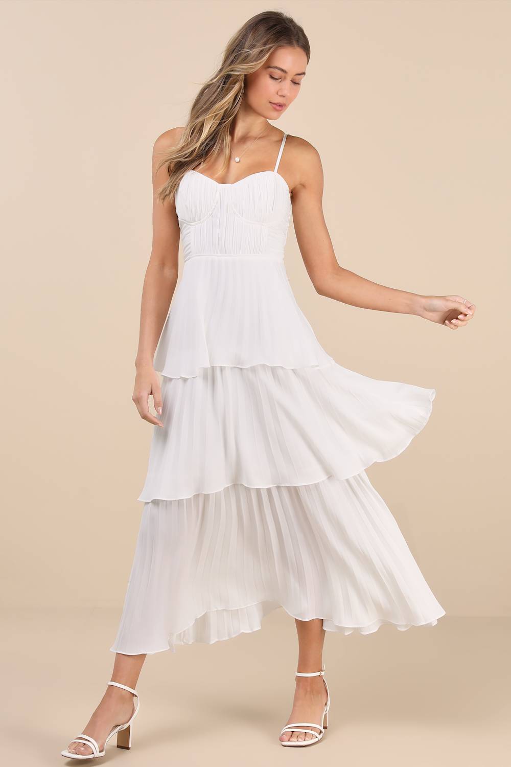 Cascading Crush White Tiered Bustier Midi Dress