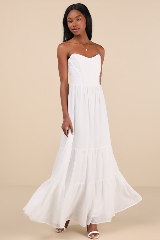 White Strapless Bustier Maxi Dress | Womens | X-Large (Available in L) | 100% Polyester | Lulus White Strapless Bustier Maxi Dress | Womens | X-Large (Available in L) | 100% Polyester | Lulus
