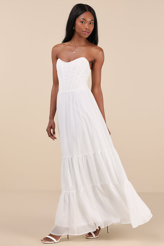 White Gown - Strapless Corset Dress - White Tiered Maxi Dress - Image 3