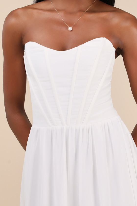 White Gown - Strapless Corset Dress - White Tiered Maxi Dress - Image 4
