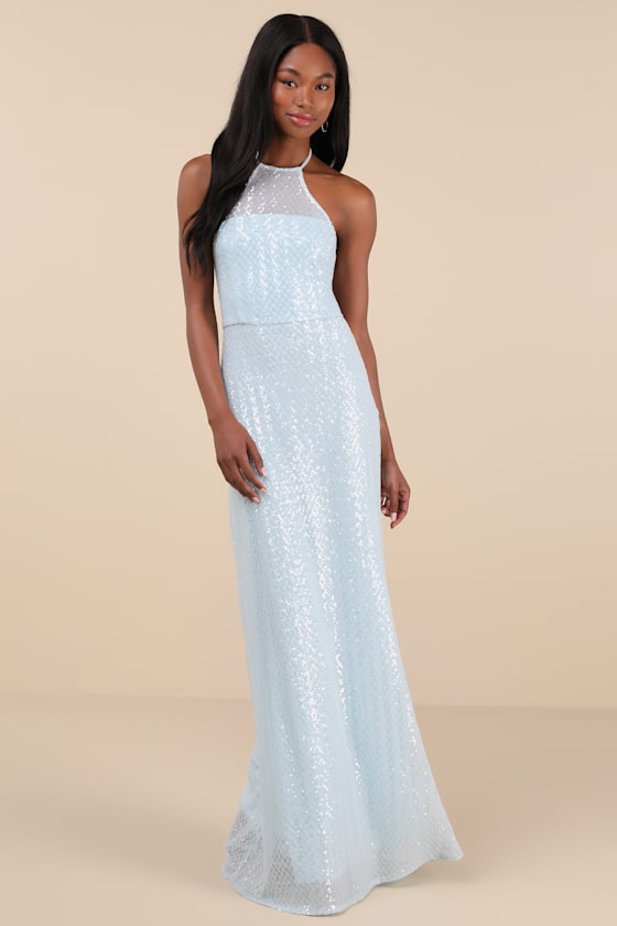 Lulus Kalina Light Blue Sequin Halter Maxi Dress In Light Blue