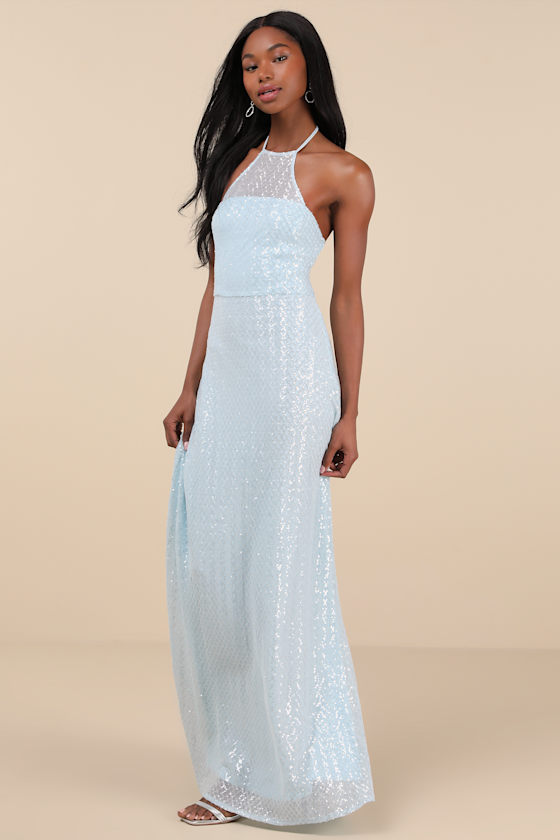 Lulus Kalina Light Blue Sequin Halter Maxi Dress In Light Blue