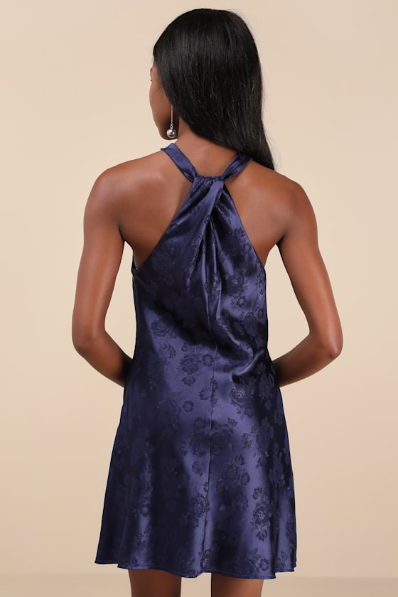 Lulus Got The Key Navy Satin Floral Jacquard Halter Mini Dress In Navy
