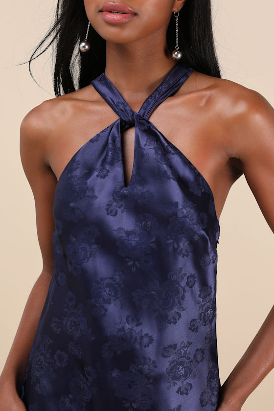 Lulus Got The Key Navy Satin Floral Jacquard Halter Mini Dress In Navy