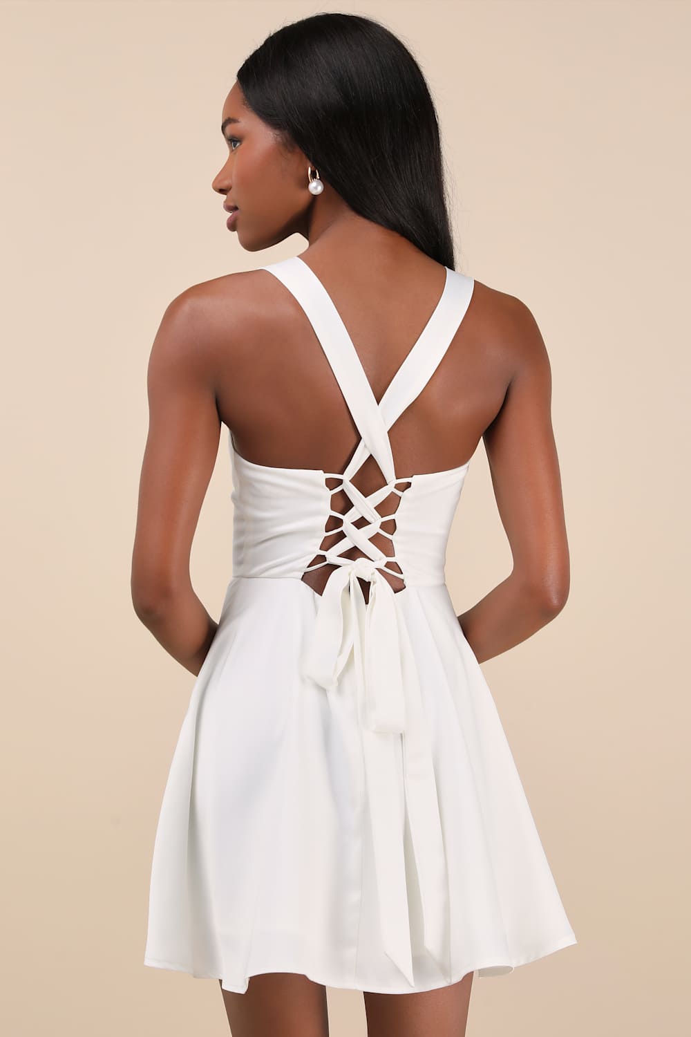 Admirably Chic White Satin Lace-Up Mini Dress With Pockets