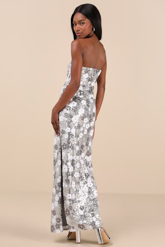 Lulus Pazzi Silver Floral Sequin Strapless Column Maxi Dress In Silver
