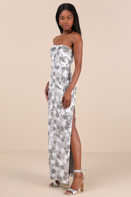 Lulus Pazzi Silver Floral Sequin Strapless Column Maxi Dress In Silver