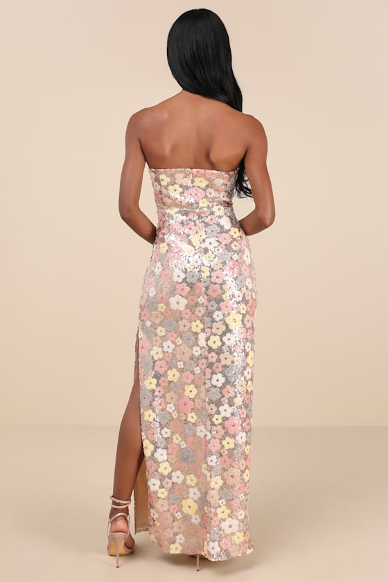 Lulus Pazzi Gold Floral Sequin Strapless Column Maxi Dress In Gold