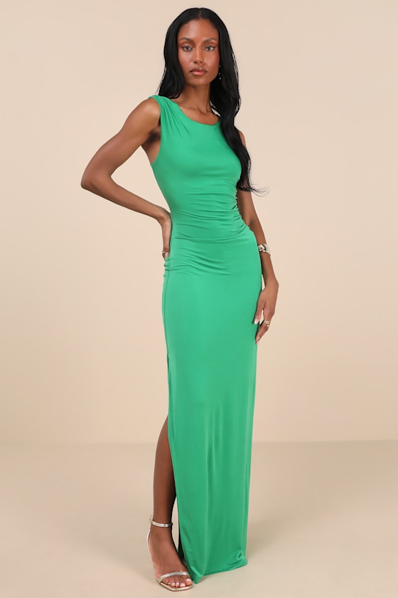 Lulus Significant Allure Green Slinky Knit Ruched Maxi Dress In Green