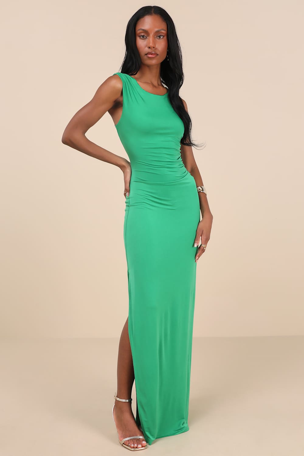 Significant Allure Green Slinky Knit Ruched Maxi Dress