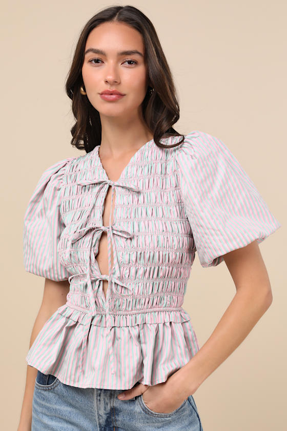 Extro & Vert Nevaeh Pink Striped Tie-front Puff Sleeve Peplum Top In Pink