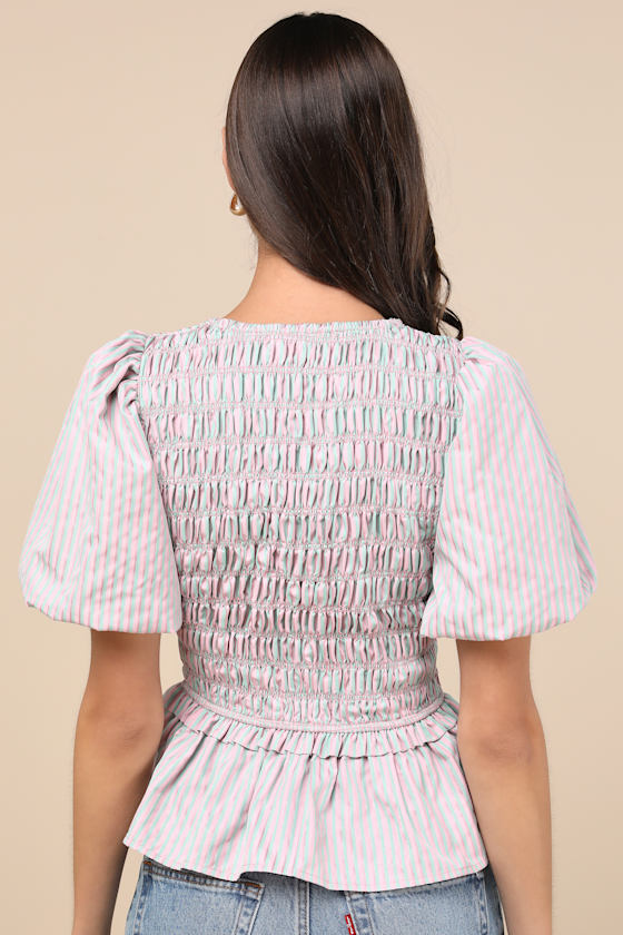 Extro & Vert Nevaeh Pink Striped Tie-front Puff Sleeve Peplum Top In Pink