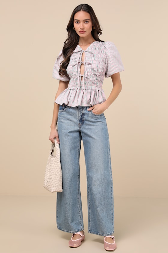Extro & Vert Nevaeh Pink Striped Tie-front Puff Sleeve Peplum Top In Pink