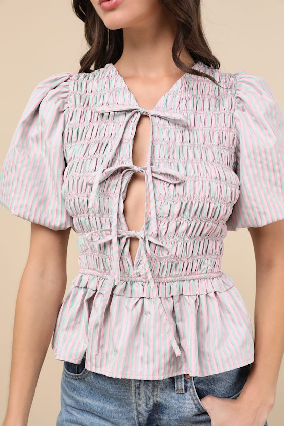 Extro & Vert Nevaeh Pink Striped Tie-front Puff Sleeve Peplum Top In Pink