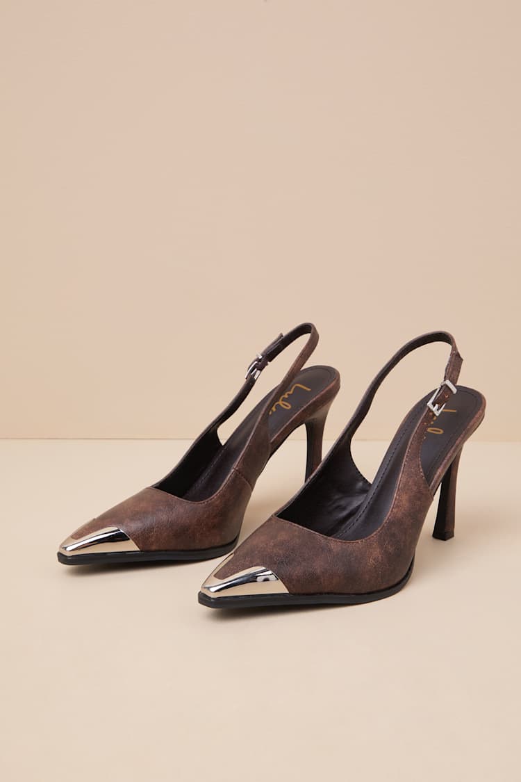 Karenna Brown Pointed-Toe Slingback Pumps