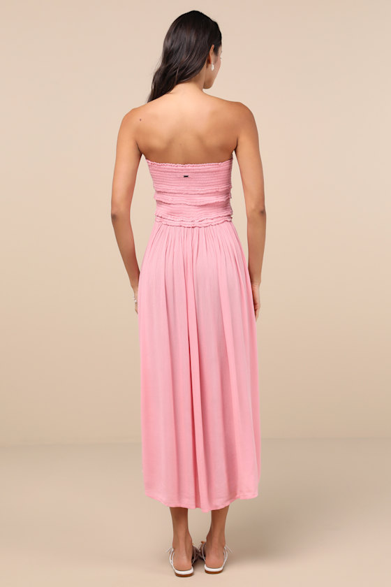 O'neill Devyn Pink Smocked Strapless Midi Dress In Pink